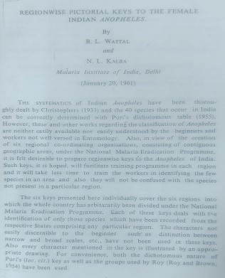 Regionwise pictorial Keys to the female Indian anopheles
